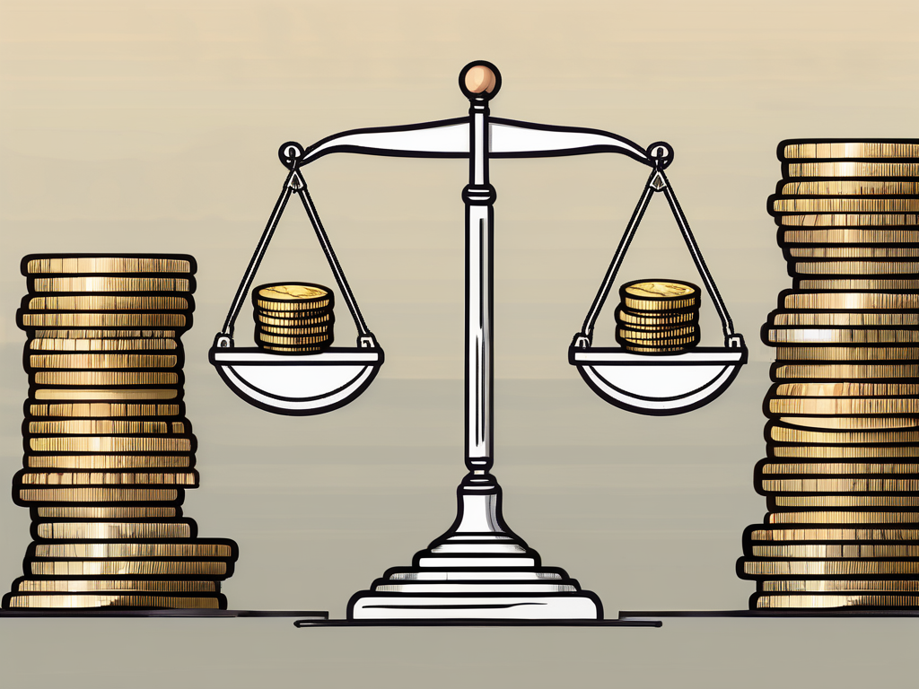 A balanced scale with stacks of coins on one side and a legal document on the other